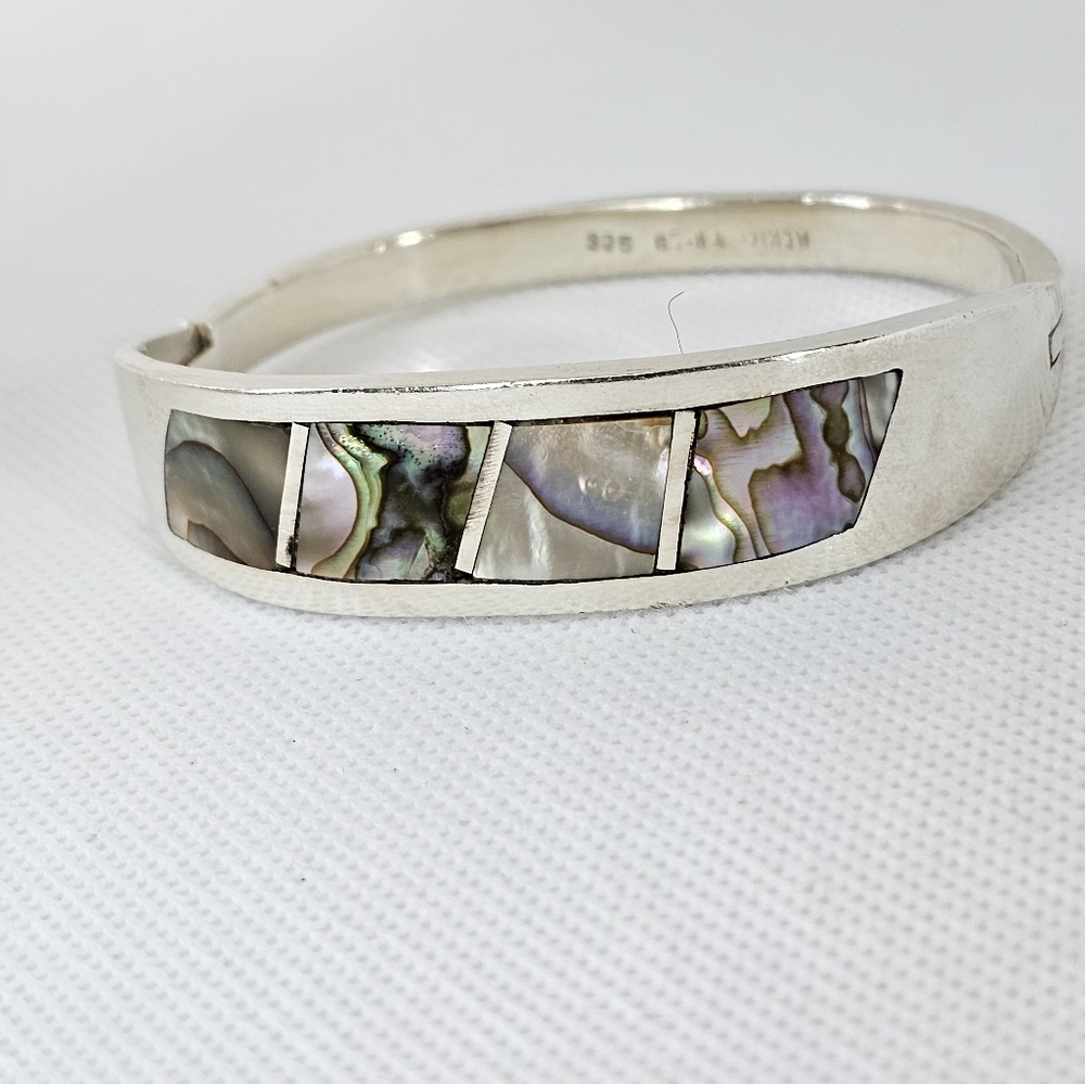 Gorgeous Vintage Abalone Inlaid Hinged Bracelet Sterling Silver! 43.3 Grams - Picture 3 of 9